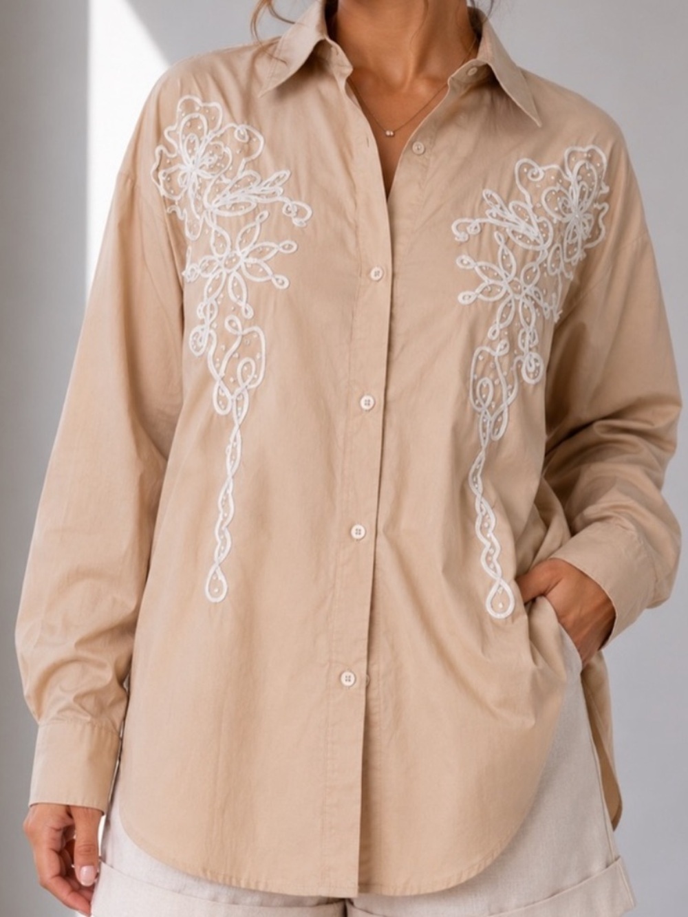Beige Embroidered Button-Down Shirt - Women